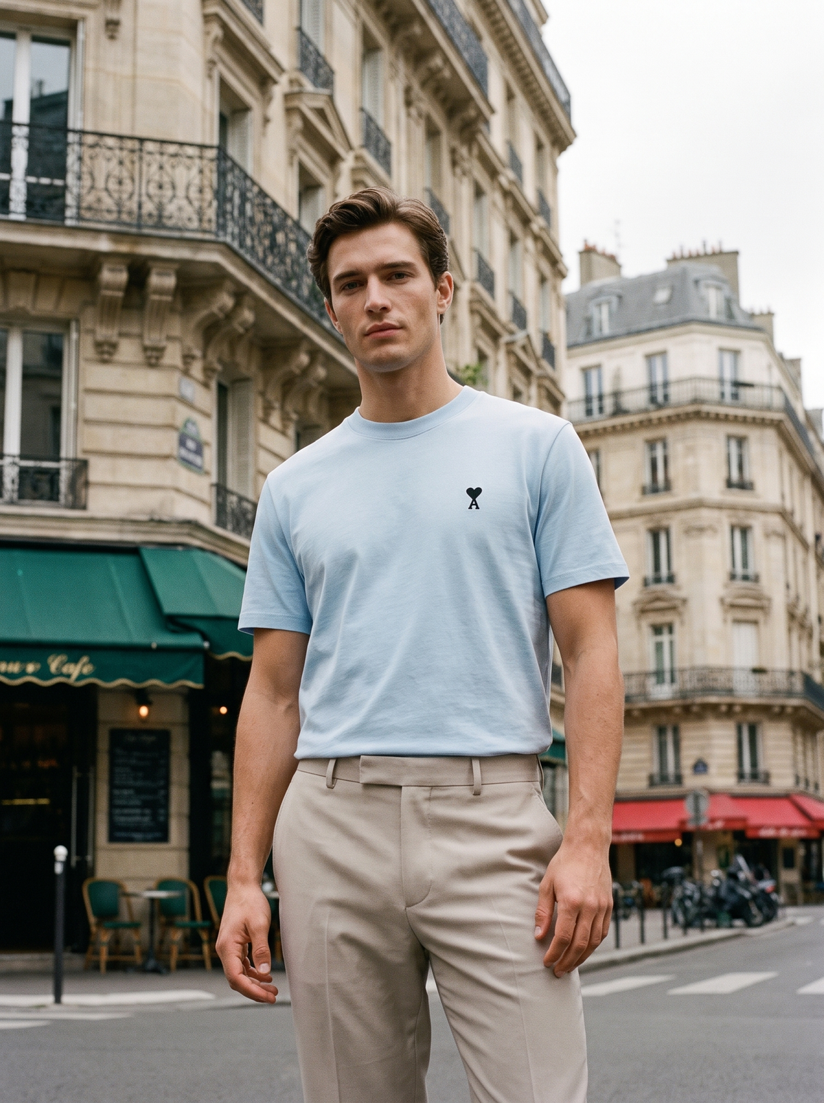 Model wearing a sky blue Ami Paris heart logo t-shirt