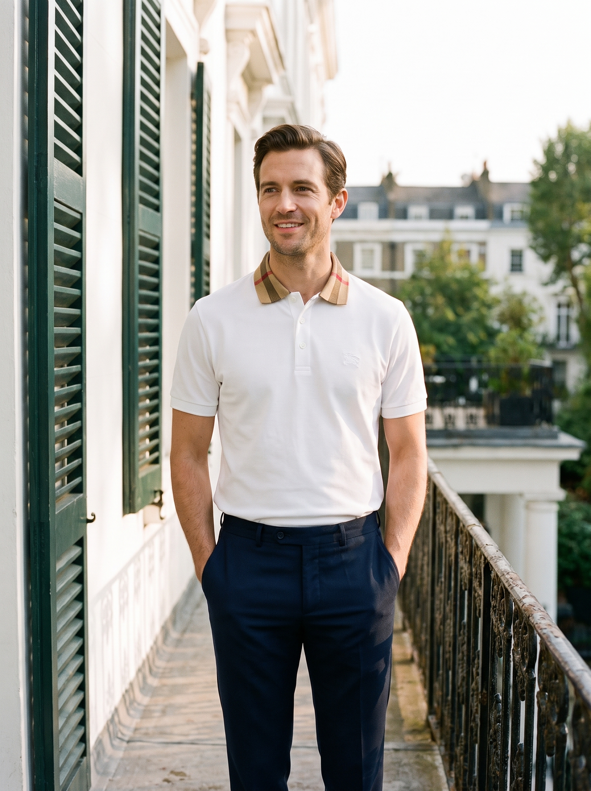 Model wearing a white Burberry check collar polo