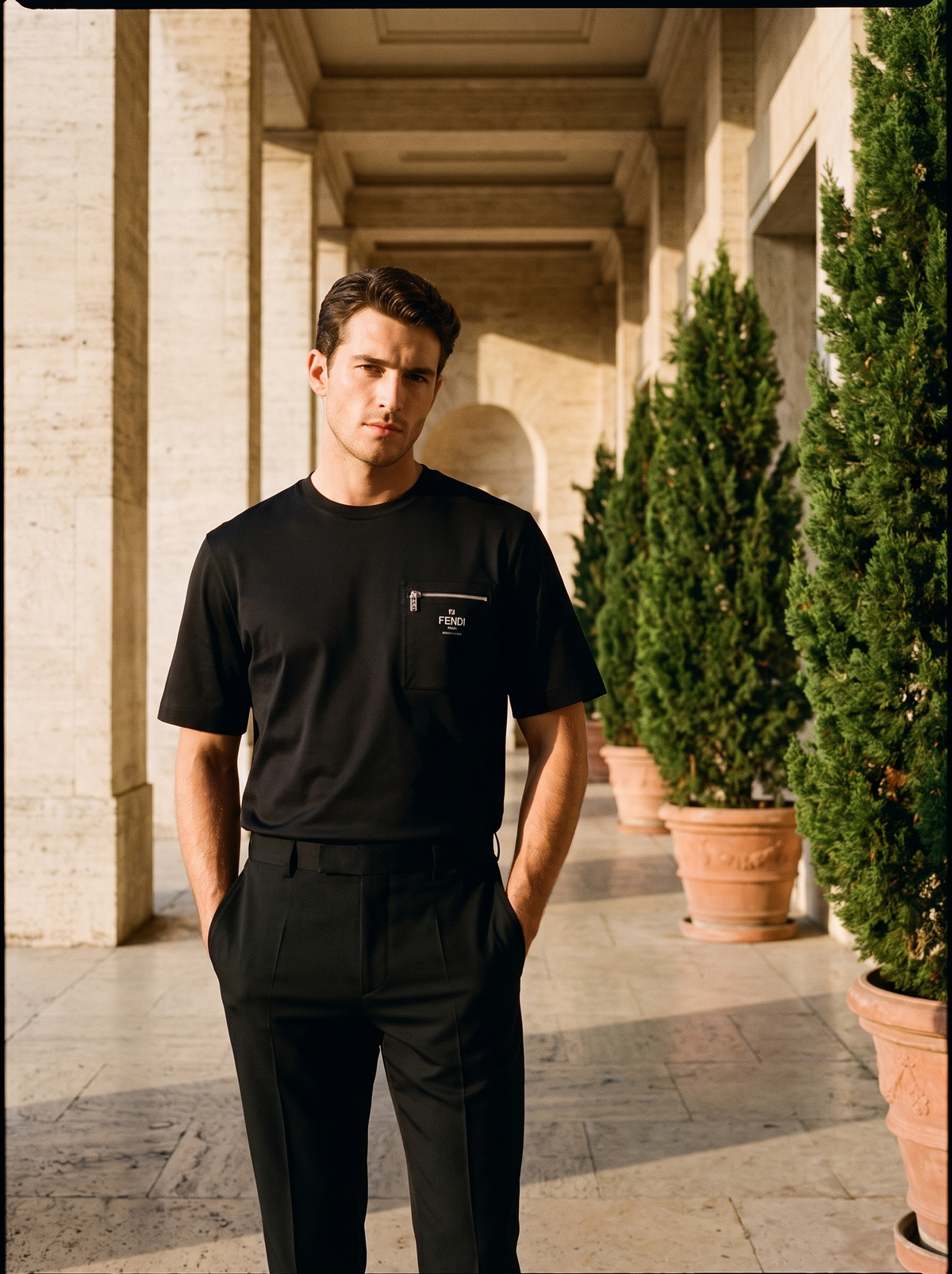 Model wearing a black Fendi Roma zip t-shirt
