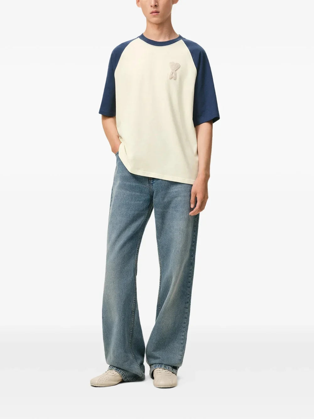 Ami Paris De Coeur Knitted Patch T-Shirt - Cream Blue