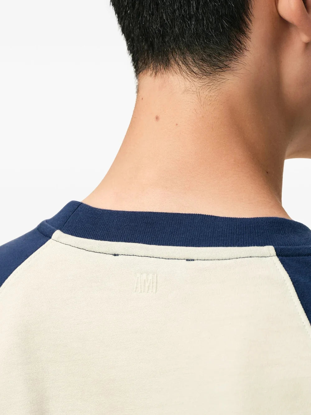 Ami Paris De Coeur Knitted Patch T-Shirt - Cream Blue